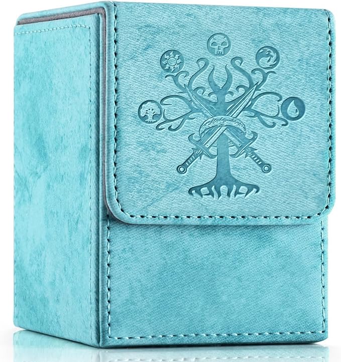 PROMAXIBINDER MTG Card Deck Box, Commander Deck Box Fits 100+ Single Sleeved Cards, Storage for TCG/MTG Crads, PU Leather Strong Magenet (Sky Blue, Tree)