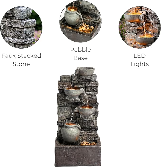 Teamson Home Outdoor 28.5 4 Tier Cascading Bowl Stacked Stone Fountain Yard Décor Gray