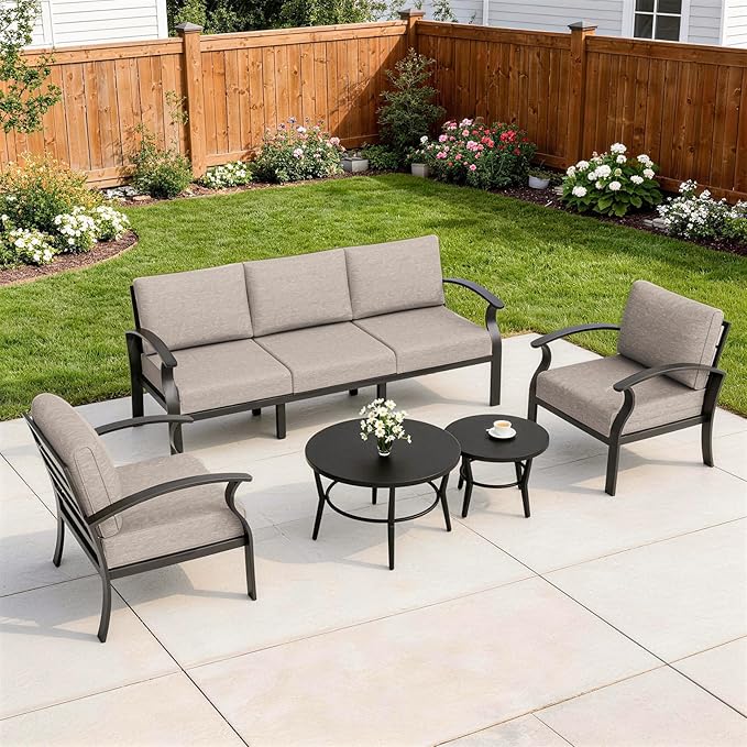 Kurapika Aluminum Patio Furniture Set 5-Seat Modern Metal Outdoor Conversation Sets w/5.1 Inch Cushion Patio Sectional Sofa with 2 Round Coffee Tables, Sand