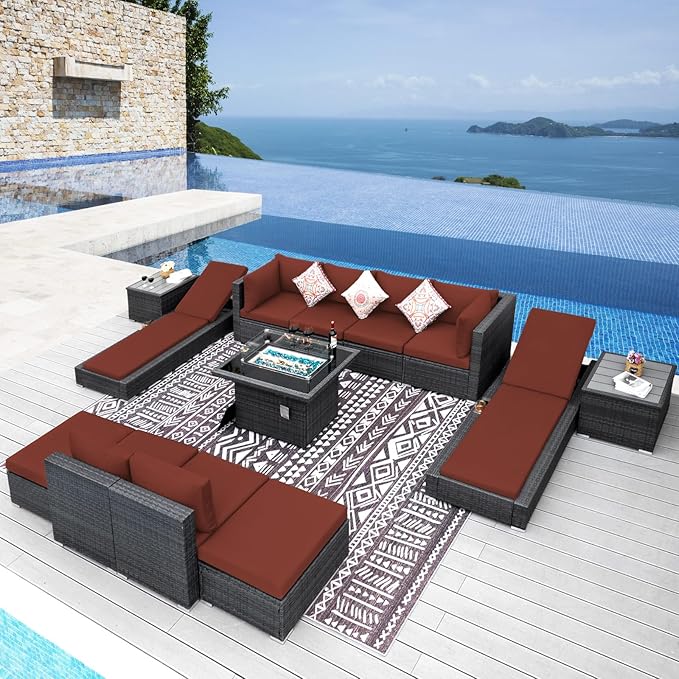 NICESOUL 13 Piece Patio Sectional w/Fire Pit, Modular Wicker Outdoor Couch w/Chaise Lounge, Large Size 29.3'' High-Back Deep Conversation Seating, All-Weather Backyard Movie Furniture, Grey & Red