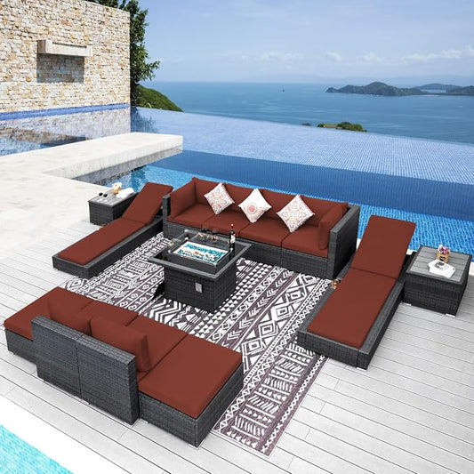 NICESOUL 13 Piece Patio Sectional w/Fire Pit, Modular Wicker Outdoor Couch w/Chaise Lounge, Large Size 29.3'' High-Back Deep Conversation Seating, All-Weather Backyard Movie Furniture, Grey & Red