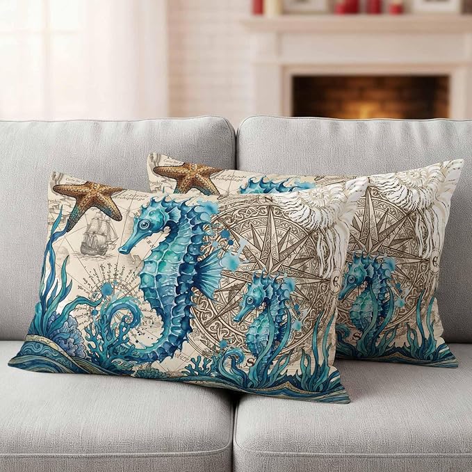 Nautical Coastal Outdoor Pillow Covers 20x12 Inch Lumbar Pillow Covers Set of 2 Waterproof Decorative Throw Pillow Cases Retro Marine Life Seahorse Compass Map Beige Cushion Covers for Patio Furniture