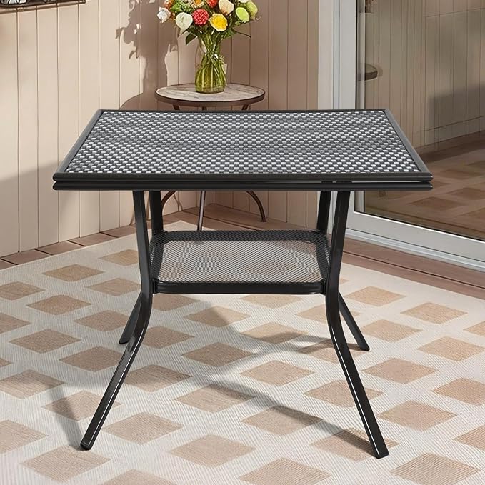 Outdoor Patio Dining Table for 4 People, 35.2" All Weather Hand-Woven PE Rattan Square Table for Garden Backyard Porch Poolside, Black&White