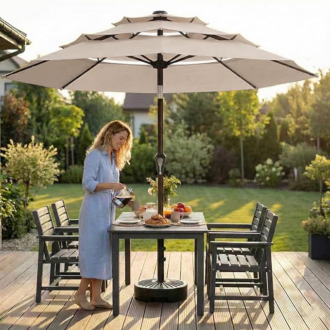 10ft 3-Tier Patio Umbrella with 32 Solar Powered LED Lights, Windproof Outdoor Market Umbrella for Deck, Poolside & Garden, Sturdy Push-Button Tilt Table Umbrella, Beige