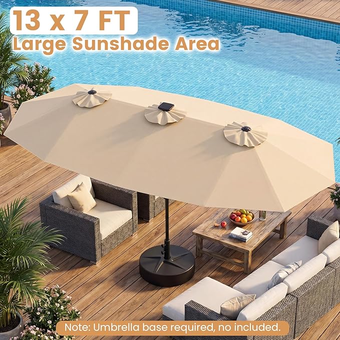 Tangkula 13 Ft Solar Patio Umbrella, Double-Sided Extra Large Outdoor Market Table Umbrella with 108 Multi-Colored Flowing LED Lights, Crank Handle, 12 Sturdy Ribs for Poolside, Garden & Backyard (Beige)