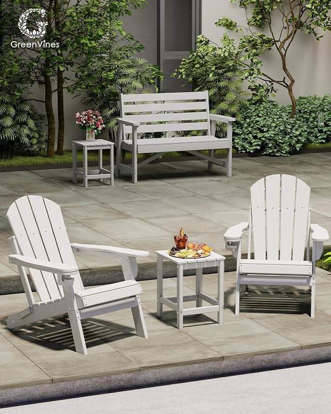 GREENVINES Adirondack-Outdoor-Side-Table | Set of 2 | Single-Tier | 14 x 13 Inches | HDPE Plastic | All Weather | White | Outside End Tables | for Patio Porch Backyard Indoor