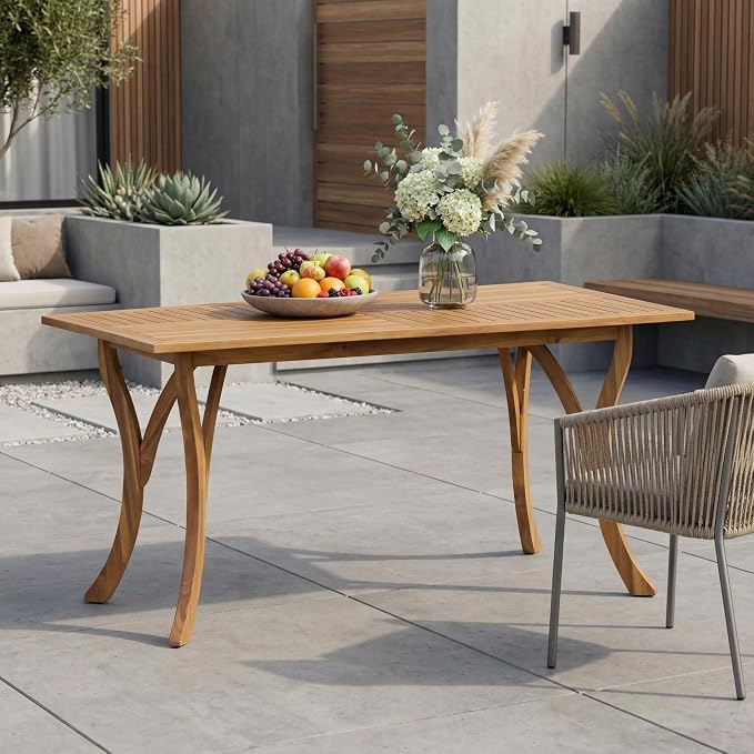 Merax 59" Rectangular Outdoor Dining Table Acacia Wood Patio Table Slat Panels Tabletop, Bear 300LBS, Teak Finish