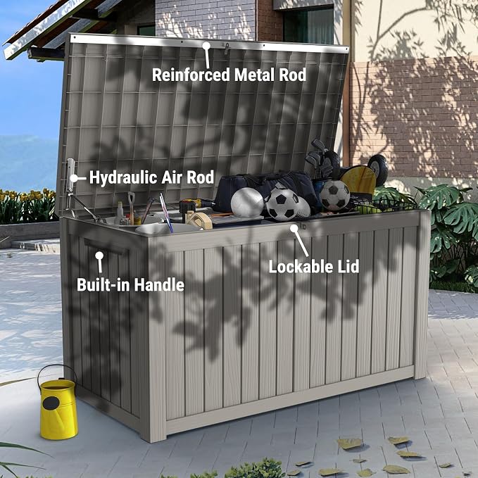 Mars Villa 180 Gallon Outdoor Storage Box, Large Waterproof Resin Deck Box for Patio Furniture Cushions, Pool Supplies, Gardening Tools, Lockable, Weatherproof and UV Resistant, Grey