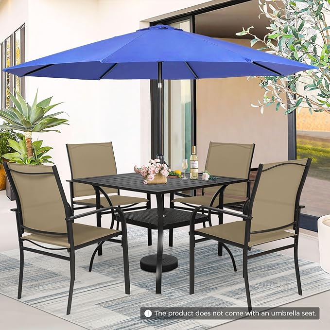 Incbruce 6 Pieces Patio Dining Set with Dark Blue Umbrella, Outdoor Dining Set of 4 Textilene Chairs and Square Table with Umbrella Hole for Backyard, Garden, and Poolside (Brown)