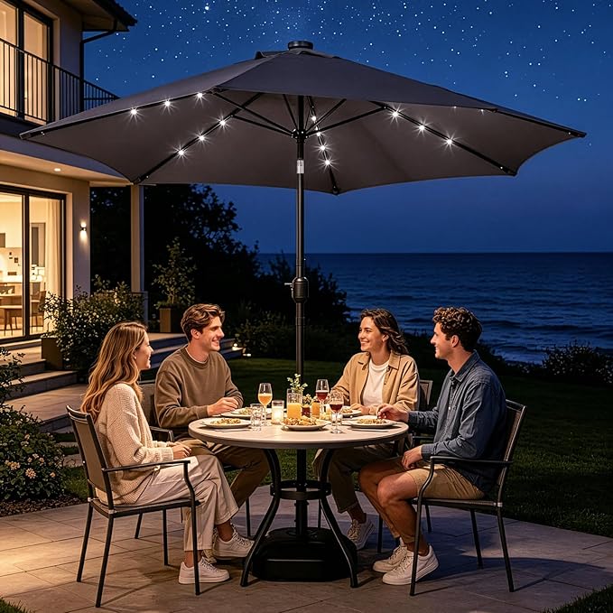 VINGLI 9FT Patio Umbrella with Solar Lights, Outdoor Umbrella with Push Button Tilt and Crank, Umbrella Outdoor Patio for Patio, Deck, Backyard, Pool