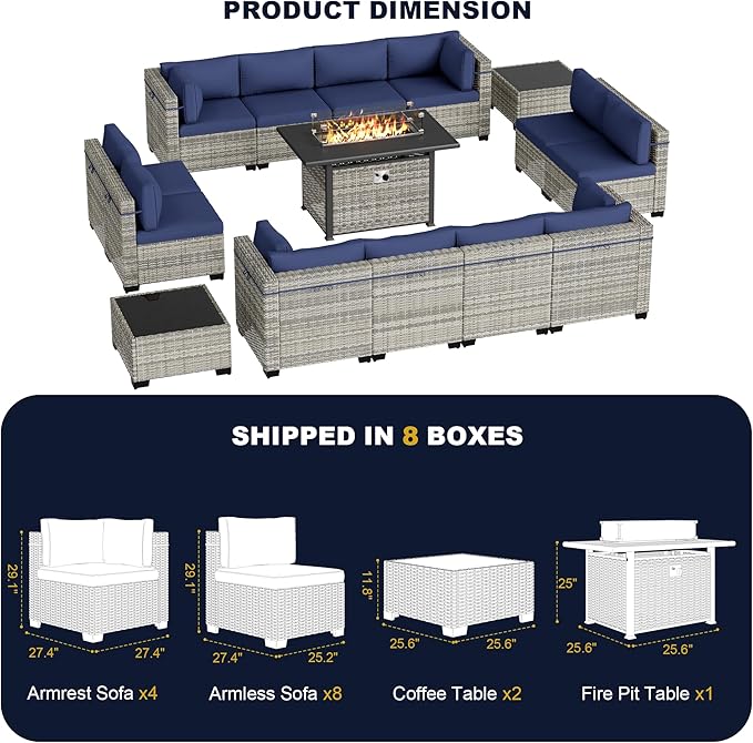 15-Piece Outdoor Patio Furniture Set with 55,000 BTU Fire Pit Table, PE Wicker Rattan Sectional Sofa Conversation Set - All-Weather Garden, Backyard Furniture, Navy Blue