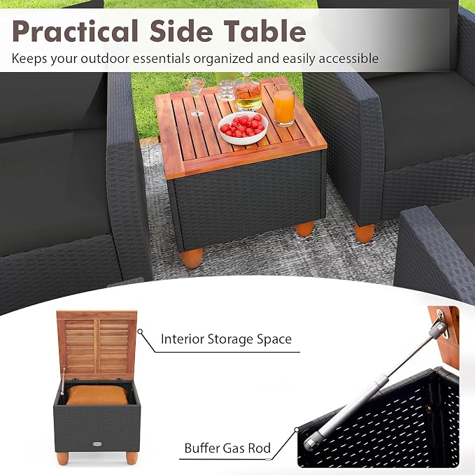 Tangkula 7 Pieces Patio Furniture Set, PE Rattan Sectional Sofa Set with Loveseat, Armchairs, Ottomans & Table, Acacia Wood Tabletop, Outdoor Conversation Set for Porch, Garden & Poolside (Black)