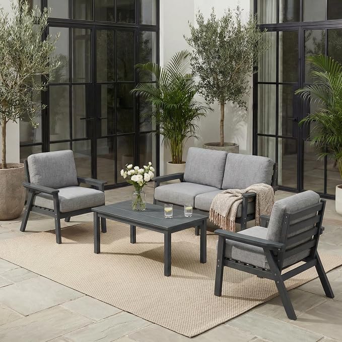 HDPE 5 Piece Patio Furniture Set, Outdoor Couch with Washable Thick Gray Cushions & Coffee Table, Outdoor Sectional Furniture for Backyard, Deck, Lawn, Porch (Gray Frame)