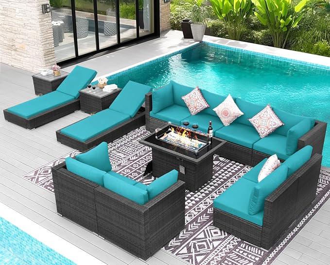 NICESOUL 13 Piece Outdoor Seating with Fire Pit Table, High-End Wicker Patio Furniture Set with Chaise Lounge, Comfy 29.3'' High Back Deep Sectional Sofa, All-Weather Backyard Sitting, Grey & Teal