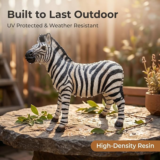 18.3" Realistic Zebra Garden Statue, Black & White Striped | Safari Animal Sculpture, For Patio, Yard & Pool Decor