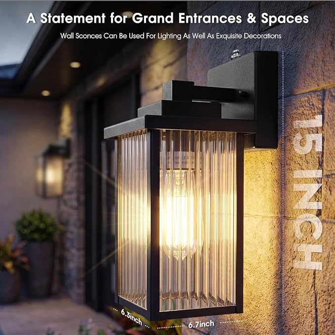 2Pack 15-Inch Dusk to Dawn Outdoor Wall Light, Black All-Metal Frame | Auto On at Dusk, Off at Dawn. Textured Glass. Waterproof Rust-Resistant Metal. Pre-Assembled DIY Install