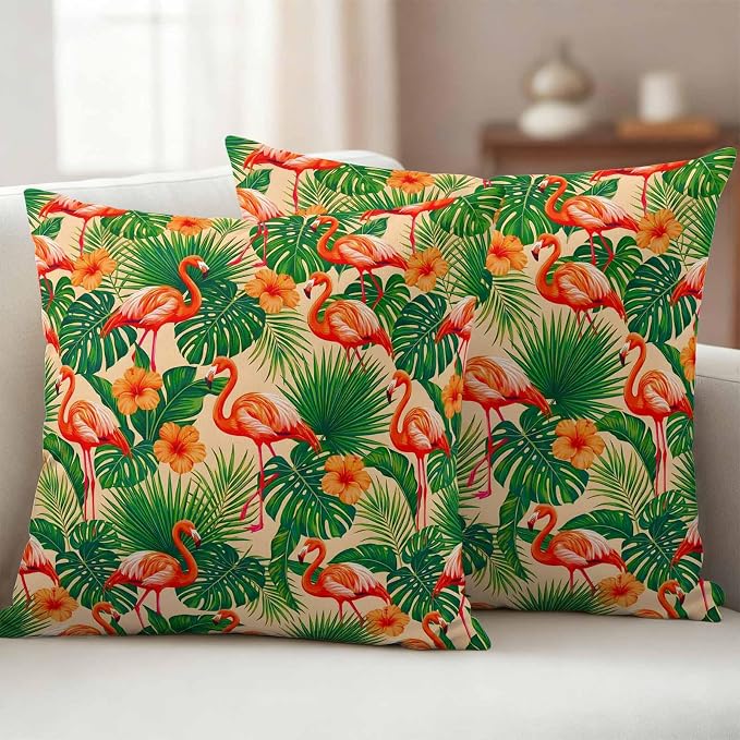 Red Flamingos Outdoor Pillow Covers 16"x16" Set of 2, Jungle Plants Hibiscus Flower Green Leaf Botanical Waterproof Throw Pillow Covers for Patio Furniture, Decorative Cushion Covers for Porch
