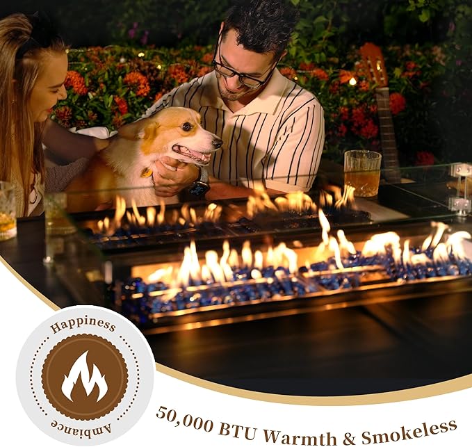 PIZZELLO 10 Piece Patio Furniture Set with 60" Propane Firepit Table, 6Pcs Outdoor Swivel Rocker Chairs with 3 Side Tables and Aluminum Gas Fire Table