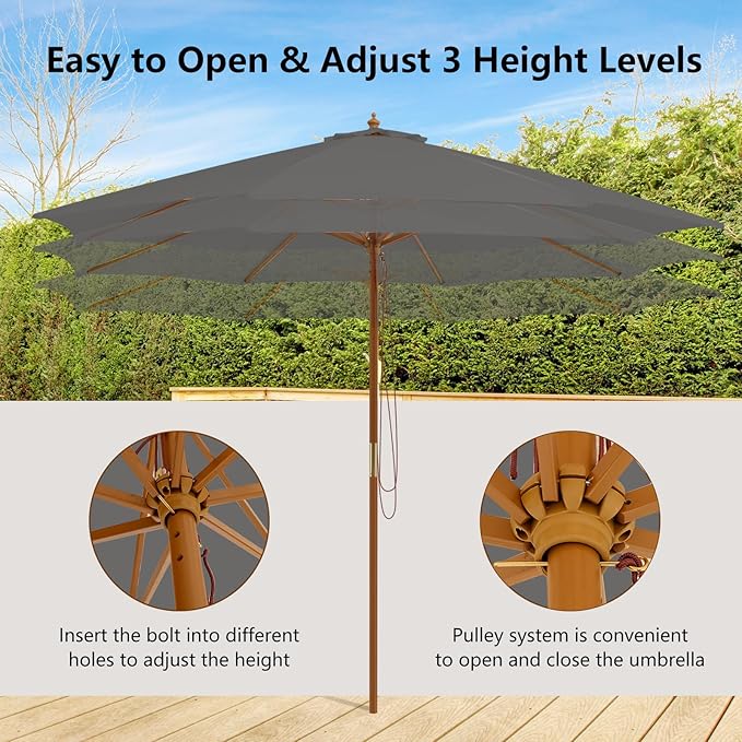 HAPPYGRILL 10 FT Wooden Patio Umbrella with Rope Pulley Lift, 8 Bamboo Ribs, 3 Adjustable Heights, Vented Roof, Outdoor Table Umbrella for Garden Poolside Backyard (Grey)