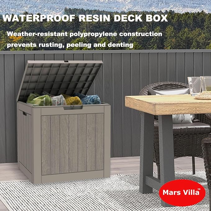 Mars Villa 31 Gallon Deck Box, Outdoor Storage Box Waterproof, Outside Resin Storage Bin for Outdoor Patio Furniture Cushion, Pool Supply, Garden Tool, UV-Resistant and Weatherproof, Greige