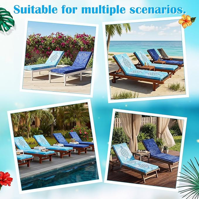 2 Pack Chaise Lounge Cushion Covers Outdoor (Not Includes Cushions) Waterproof Chair Cushion Replacement Covers 72 x 21 x 3 Inch for Patio Pool Lawn Slipcover with Ties (Ocean)