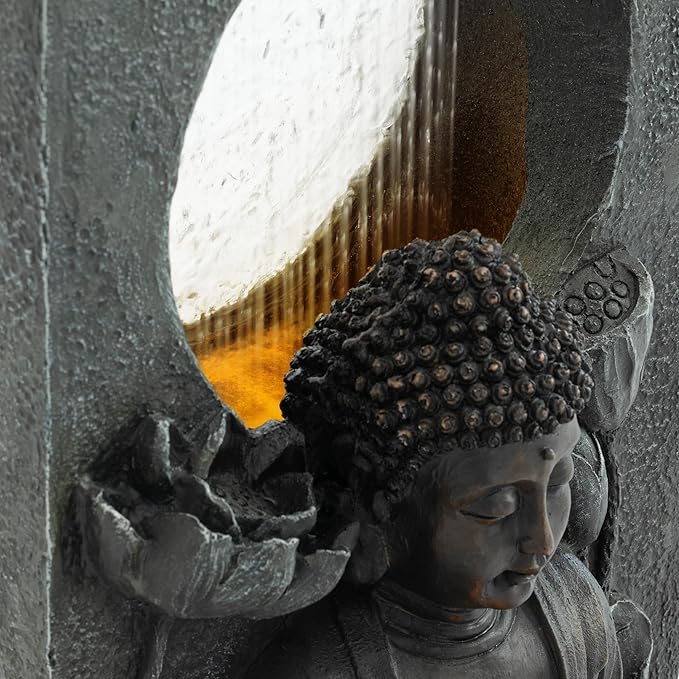 28'' H Outdoor Buddha Fountain with Waterfall & LED Lights, Freestanding Zen Style LED Water Feature with Weather-Resistant Resin for Patio Garden Backyard, Freestanding Meditation Decor