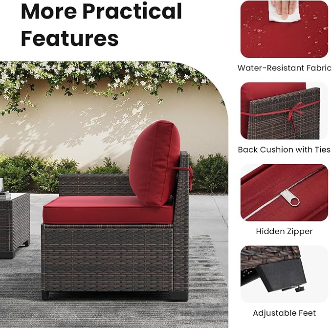Soohow 6-Piece Patio Furniture Set All-Weather Outdoor Wicker Sectional Conversation Set with Cushion and Glass Table for Garden, Porch, Backyard, Wine Cushions
