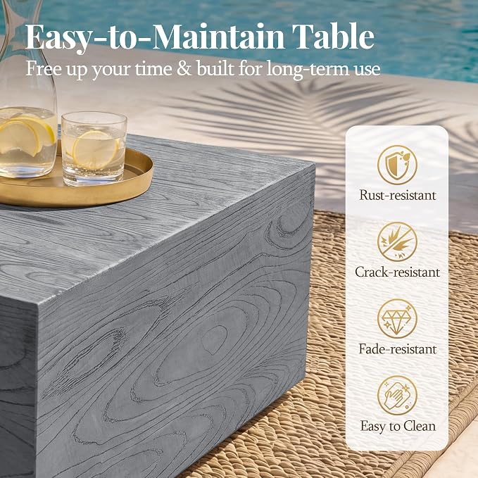 UPHA 28" Square Outdoor Coffee Table, Modern Hollow Concrete Patio Table, Small Minimalist Low Accent Table for Living Room, Balcony, Deck, Backyard, Gray Wood Finish
