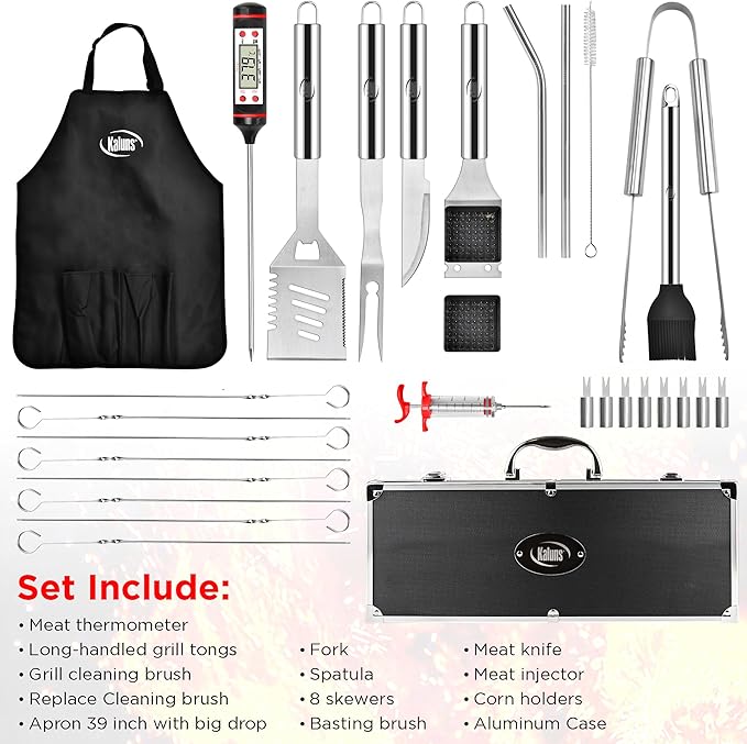 Kaluns 32 Psc Grilling Accessories, Dad Gifts for Fathers Day, Heavy Duty Stainless Steel Grill Set BBQ Grill Accessories for Outdoor Grill with Aluminum Case and Apron, Best Gifts for Men