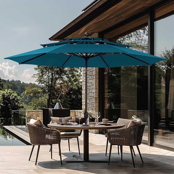 GREEN PARTY 10ft Outdoor Patio Umbrella, [Auto-Tilting] 3 Tiers Market Table Umbrellas with 1.5" Pole, 8 Sturdy Ribs, 3-Year-Non-Fading for Garden Deck Pool Backyard, Cerulean