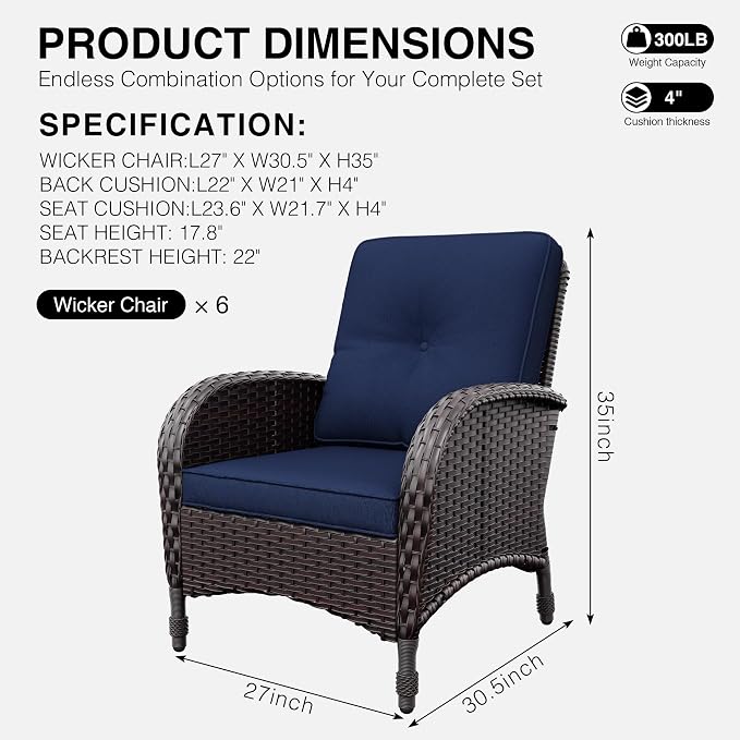 Joyside Wicker Patio Chairs, 6 Piece Rattan Outdoor Furniture with Thickened Cushions, High Back, Deep Seating, Wide Armrest, Outdoor Chairs for Porch, Deck