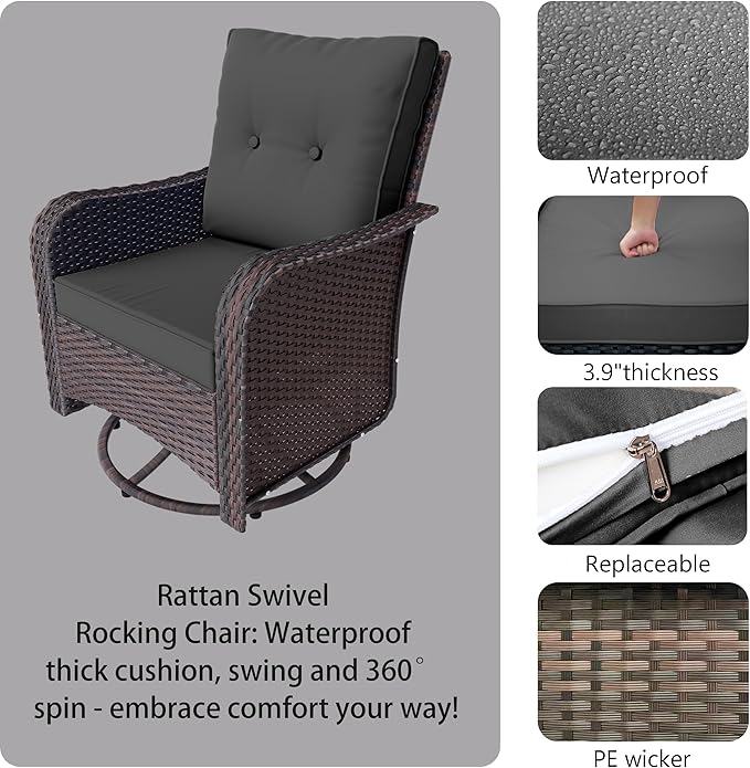 3 Piece Wicker Swivel Rocking Chair Set, Outdoor Patio Glider Chair with Glass Top Coffee Table, Conversation Furniture Set Suitable for Patio, Lawn, Outdoor, Back Garden(Grey)