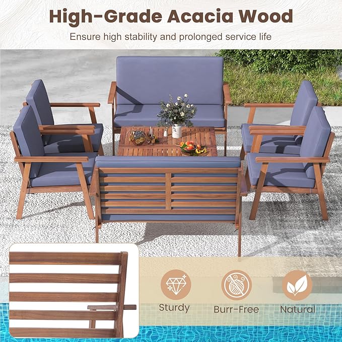 Tangkula 8 Piece Outdoor Conversation Set, Acacia Wood Sofa Set with Soft Seat & Back Cushions, Rectangle Coffee Table Patio Wood Furniture Set for Backyard, Poolside, Garden (2, Gray)