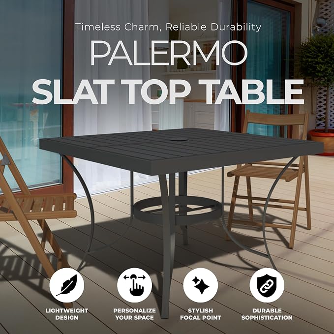 Four Seasons Courtyard Palermo Aluminum Slat Top Outdoor Square Patio Bistro Dining Table with Umbrella Hole and Tapered Leg Design, Gray
