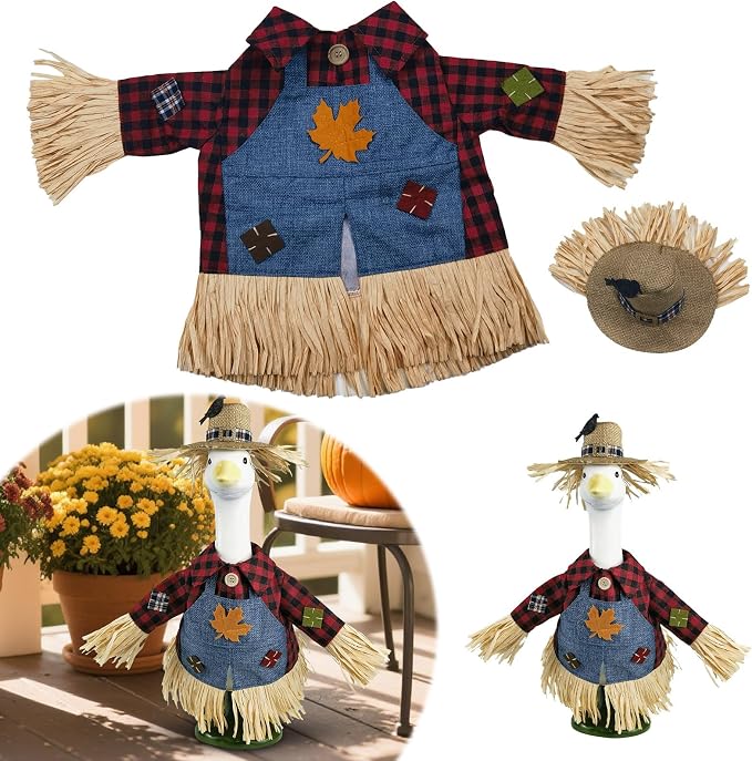 Scarecrow Porch Goose Outfits for 23 Inch Lawn Statue, Costume for Plastic/Cement Goose Statue, Seasonal Fall Sculpture Clothes for Garden Yard Patio Party Decoration