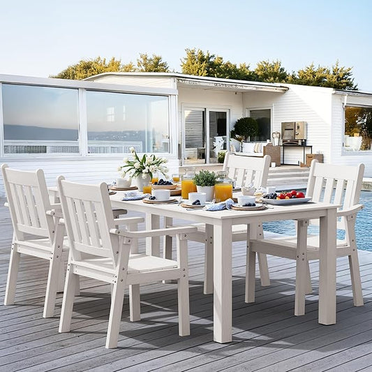 YEFU HIPS Patio Table Set: 5 Piece Outdoor Table and Chairs Dining Furniture Set with Umbrella Hole - White Modern Plastic Dining Sets 4 Person for Outside Deck with Metal Aluminum Frame