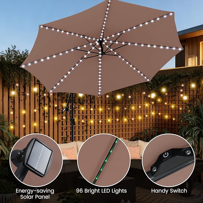 Tangkula 10 FT Solar Patio Umbrella with Base Included, Cantilever Offset Hanging Outdoor Umbrella with 96 Multi-Colored Flowing LED Lights, 9 Modes, Tilt Adjustment, 360° Rotation, Crank for Pool Yard Deck Lawn (Coffee)