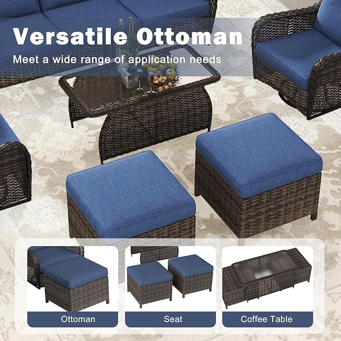 Kinsuite 7 PCS Patio Furniture Set, Outdoor Conversation Sets with Swivel Chairs & Ottomans, All-Weather Wicker Sectional Sofa with Thicken Cushions for Garden, Lawn, Deck, Backyard, Blue