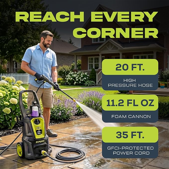Sun Joe Electric Pressure Power Washer w/Foam Cannon & Extension Wand, 1600 PSI (PWMA Certified), 1.1 GPM, 13-Amp Motor - Heavy-Duty Cleaning Machine for Patios, Decks, Sidewalks & Cars, SPX2680-MAX
