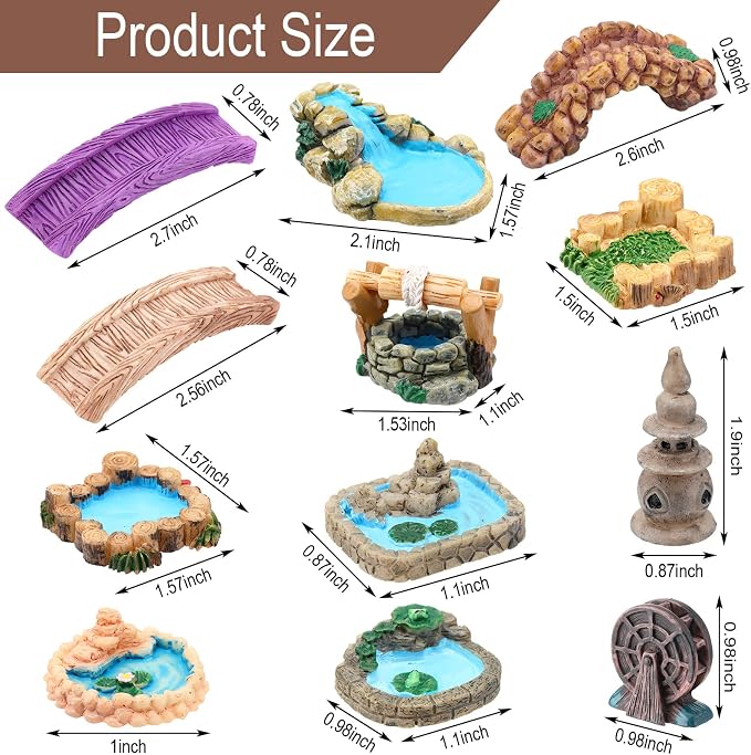 Meooeck 24 Pcs Miniature Garden Accessories Mini Fairy Bridge Figurines Pond Garden Decor Micro Landscape Lighthouse Water Well Ornament for Yard DIY Craft