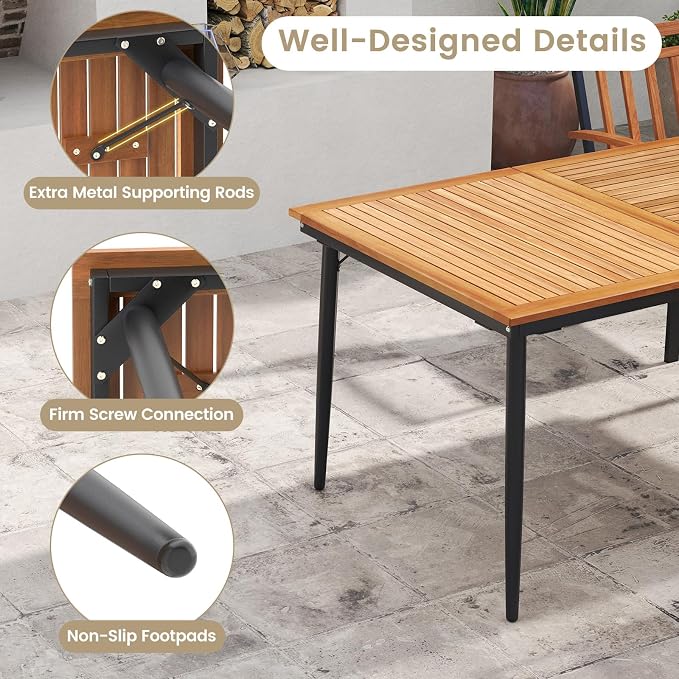 RELAX4LIFE Wooden Outdoor Dining Table for 8, 79’’ Acacia Wood Patio Table w/2’’ Umbrella Hole, Slatted Tabletop & Metal Legs, Indoor Outdoor Rectangular Picnic Table, 8-Person Patio Dining Table