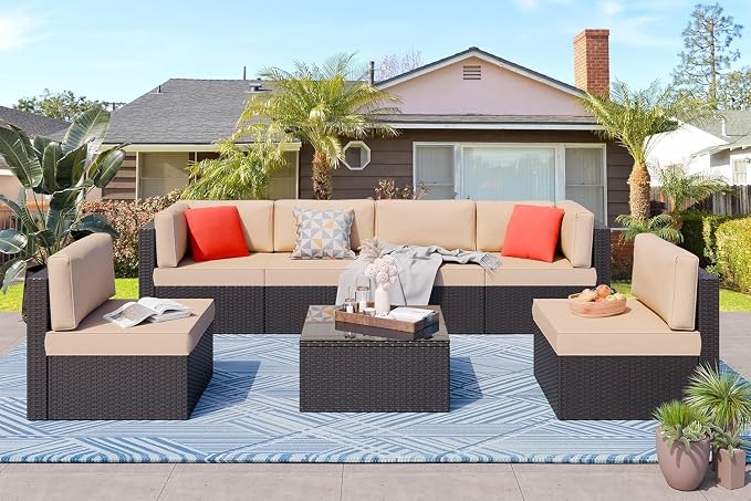 7 Pieces Outdoor Patio Furniture Set with Cushions, PE Manual Weaving Rattan Sectional Sofa, Glass Table Included, Weather Patio Conversation Set for Garden Backyard Deck(Beige)