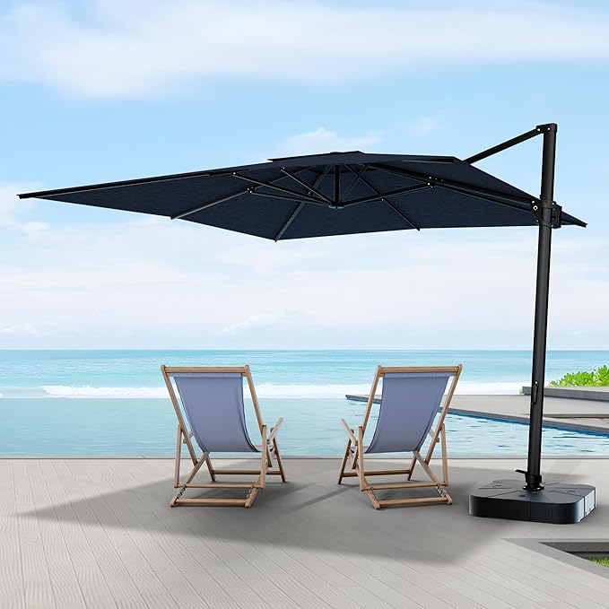 Midtown Umbrellas The Grande Square 9 x 9 FT Outdoor Cantilever Patio Umbrella w/Sunbrella Spectrum Indigo Acrylic Fabric - 8 Rib Frame Offset w/Tilt & 360° Rotate Pedal System - Black Frame
