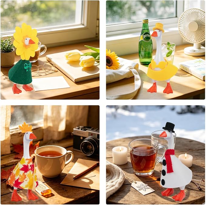 12 Set Holiday Mini Desk Goose Outfit 7 Inch Desktop Magnetic Goose Clothes | Summer Fall Halloween Christmas Winter Magnetic Geese Statue Felt Fabric Costume for Table Decor Gifts
