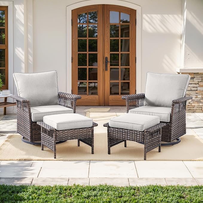 Patio Furniture Set 2 Wicker Swivel Glider Chairs with 2 PE Rattan Ottomans Brown Wicker Beige Cushions Patio Conversation Set 4pcs for Garden Balcony Sunroom Backyard