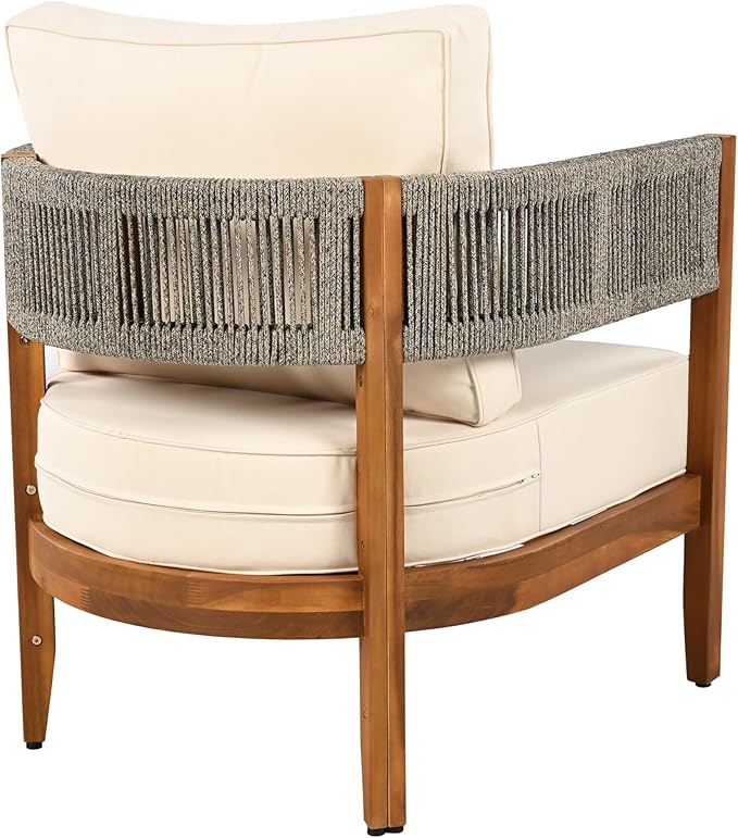 Christopher Knight Home Quixley Acacia Wood 5 Piece Patio Furniture Set, Large Wooden Patio Conversation Set with Club Chair+Coffee Table, 7-Seater Outdoor Loveseat Sofa Chair and Table Set,Teak+Beige