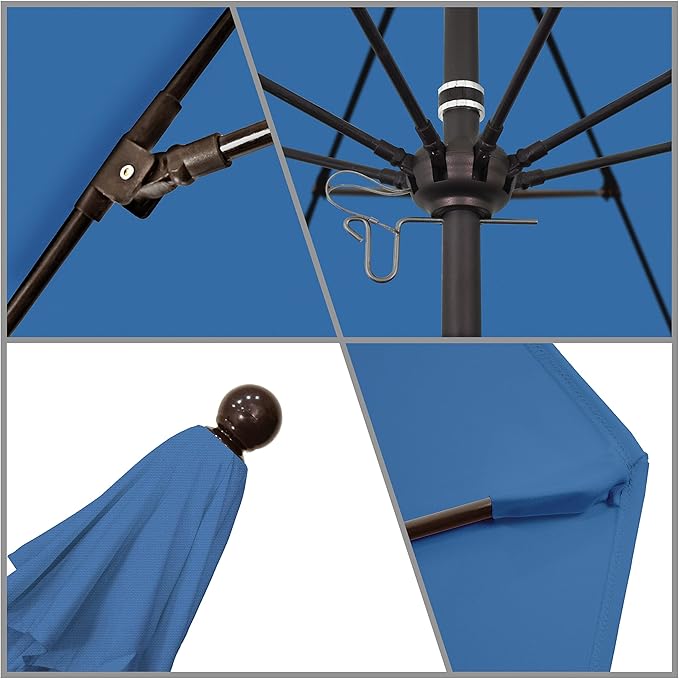 California Umbrella 9' Round Aluminum/Fiberglass Umbrella, Push Open, Bronze Pole, Olefin Frost Blue Fabric