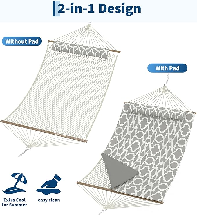 2 Person Outdoor Hammock with Stand, Cotton Rope Hammock with Polyester Pad, Adjustable Steel Frame, 2-in-1 Hammock for Patio, Backyard, Garden, Beach（Light Gray Stripes）