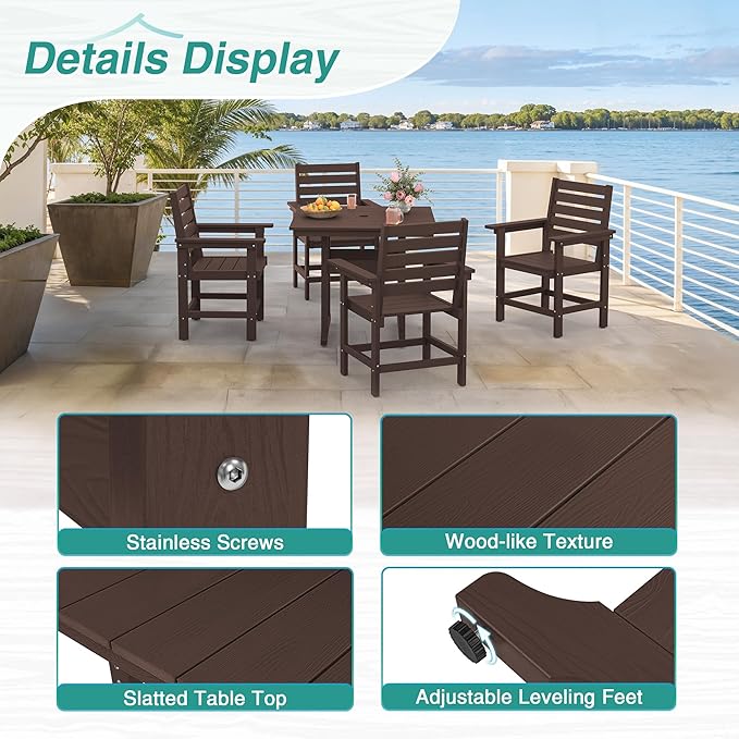 5 Piece Patio Dining Set, 35" Square HDPS Weather Resistant Outdoor Table & 4 Patio Chairs Set with 1.96" Umbrella Hole, Heavy Duty for Small Space Backyard Balcony, Dark Brown