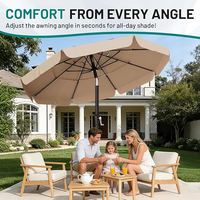 AreShark 10FT 3-Tiers Patio Umbrella with Valance, Outdoor Umbrellas with Crank/Tilt, Table Market Umbrella Vented w/ 8 Sturdy Ribs for Garden, Deck, Backyard, and Pool, Beige